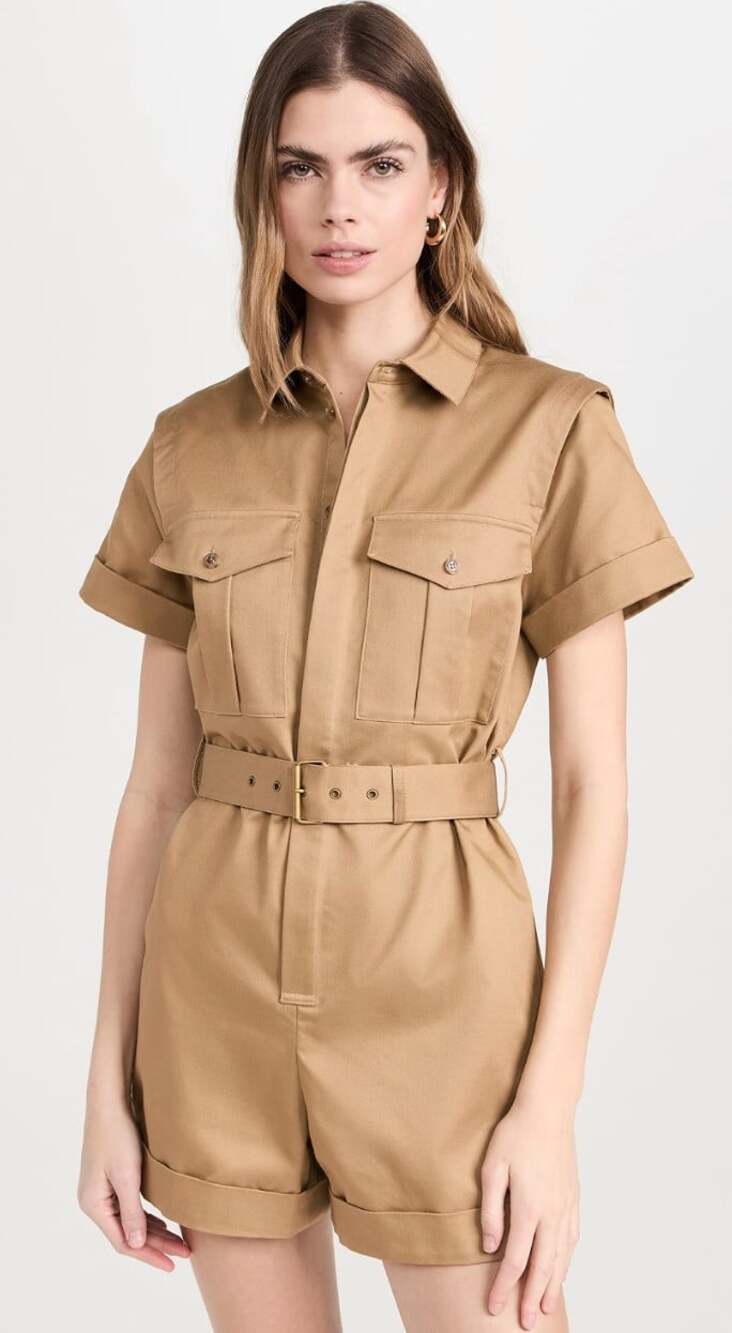 FRAME Utility Short Jumpsuit in Khaki Tan Size Medium Belted